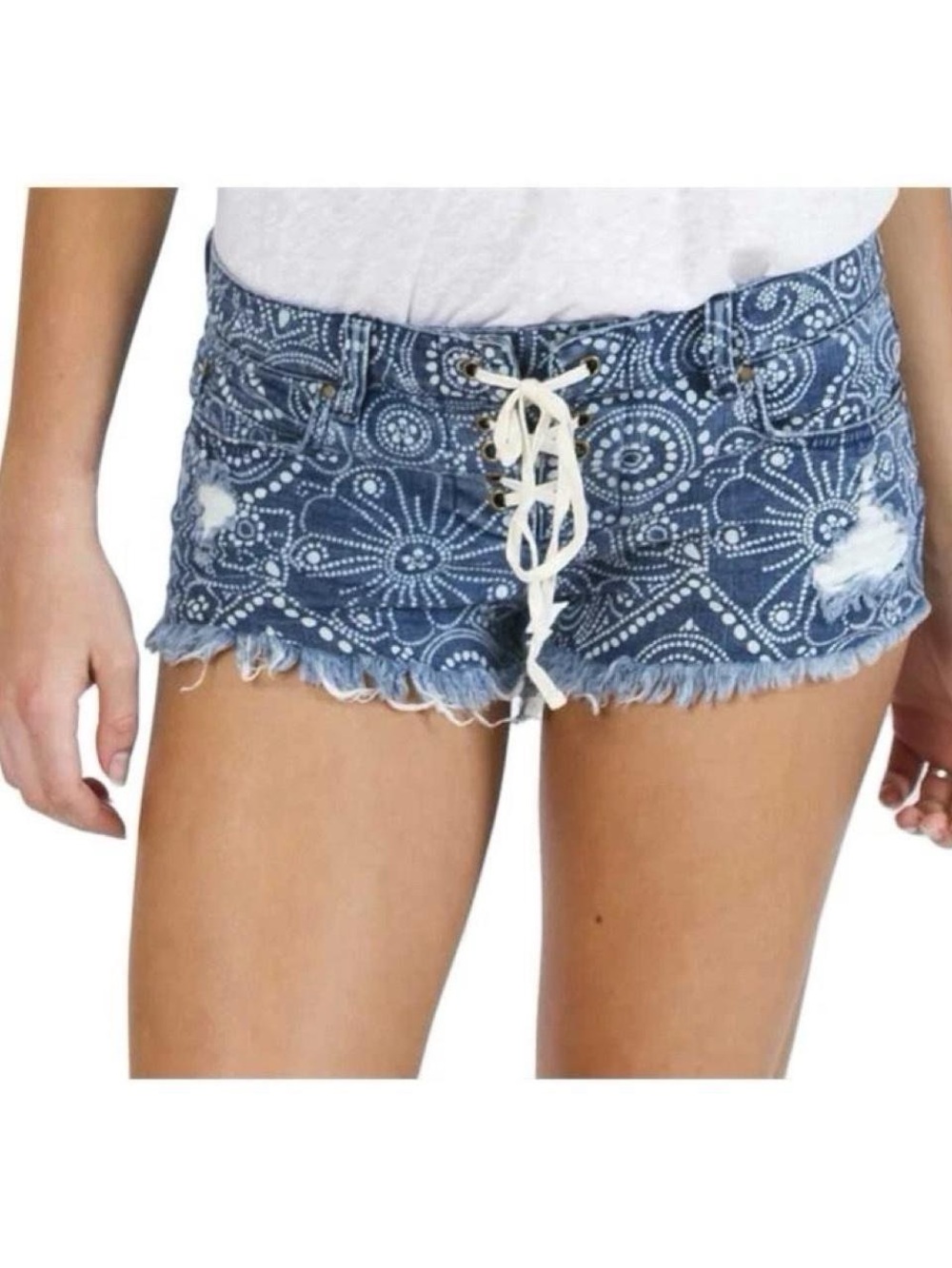Billabong Lite Hearted Blue Paisley Lace-Up Cut-Off Denim Shorts Size: 27